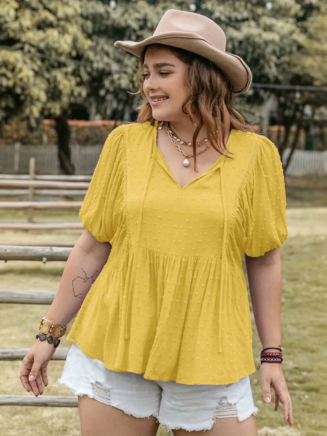 Swiss Dot Tie Neck Short Sleeve Blouse -