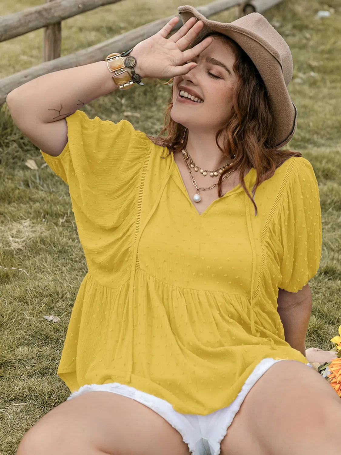 Swiss Dot Tie Neck Short Sleeve Blouse -