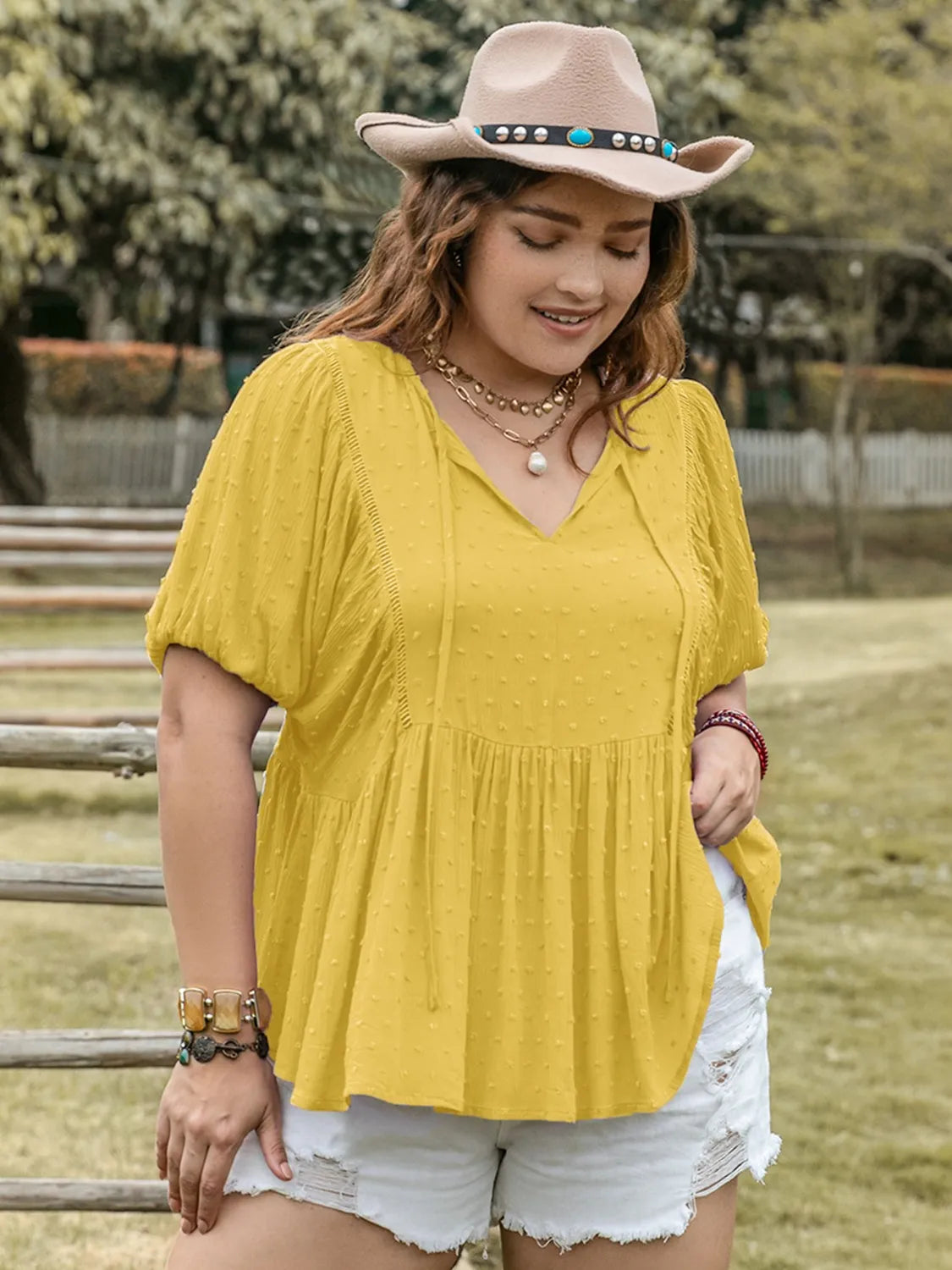 Swiss Dot Tie Neck Short Sleeve Blouse -