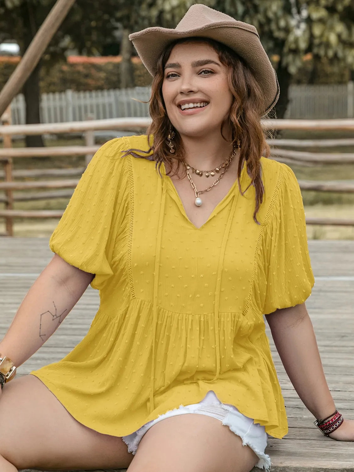 Swiss Dot Tie Neck Short Sleeve Blouse -