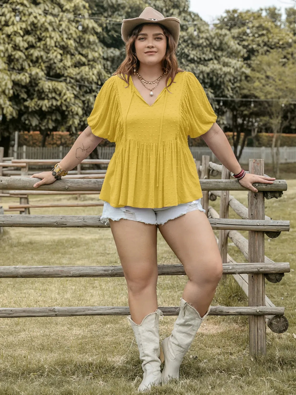 Swiss Dot Tie Neck Short Sleeve Blouse -