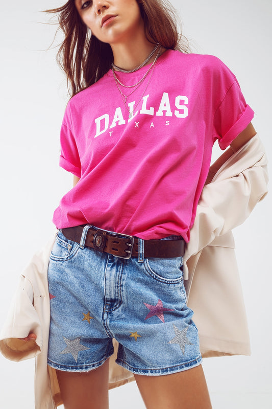 T Shirt with Dallas Texas Text in Fuchsia - Tops