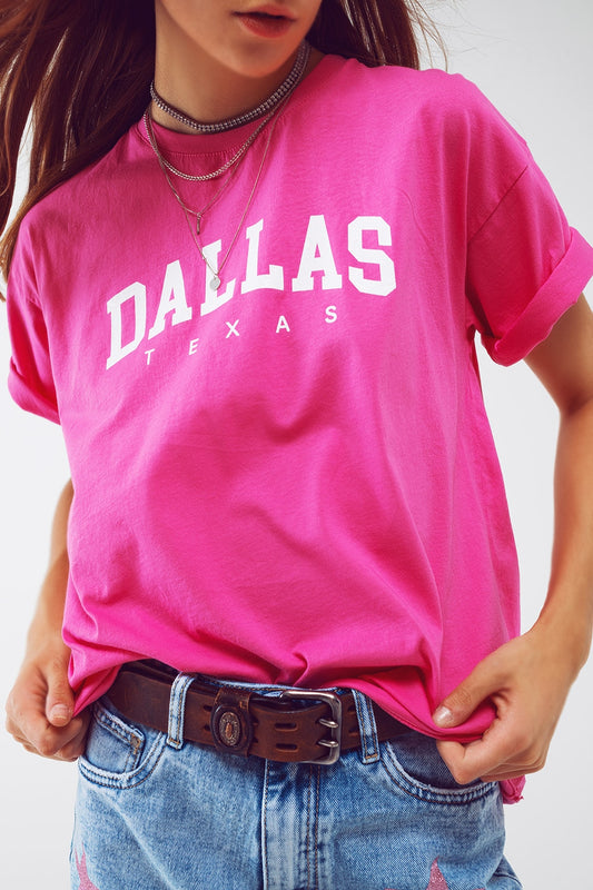 T Shirt with Dallas Texas Text in Fuchsia - Tops