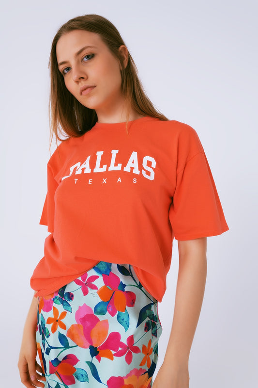 T Shirt with Dallas Texas Text in Orange - T-Shirts