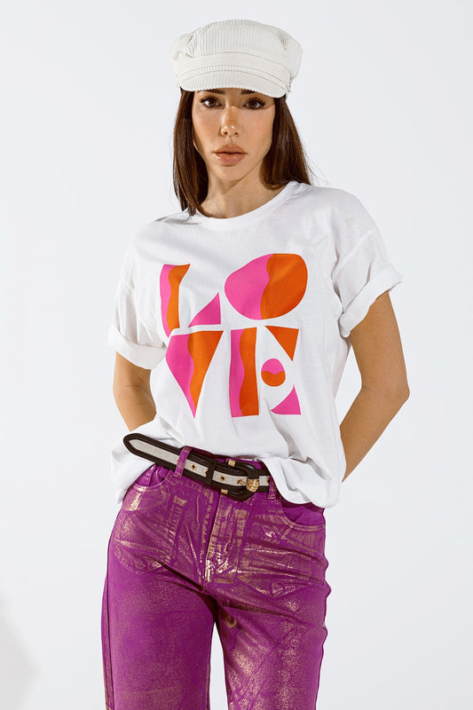 T-shirt with LOVE art deco digital print in white - T-Shirts