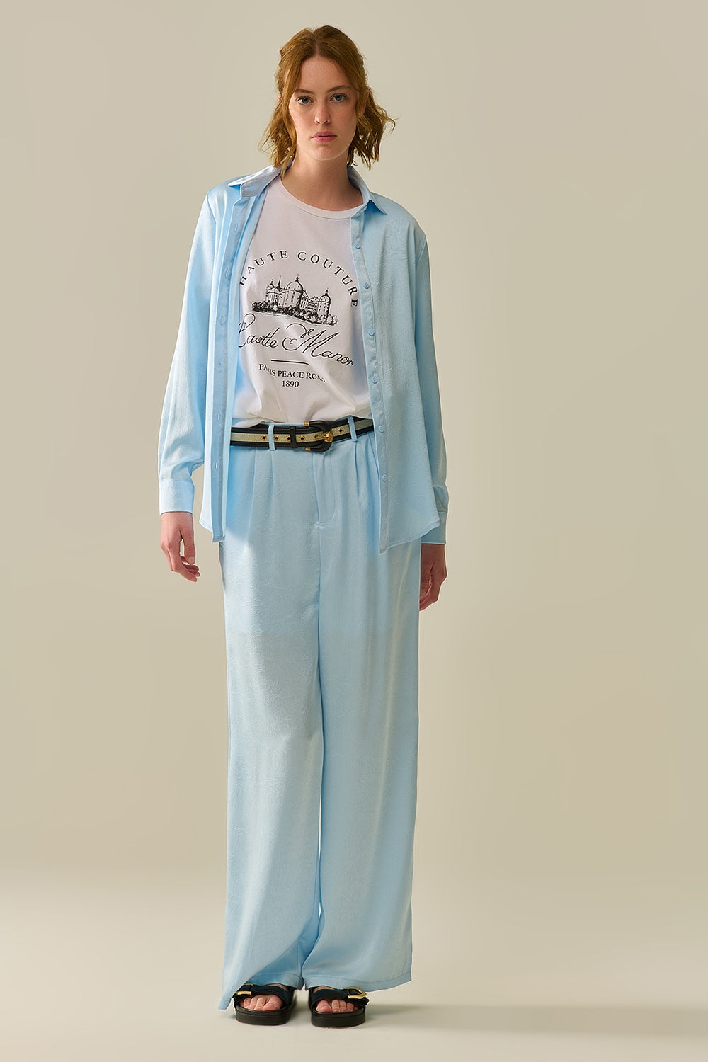 Tailored satin Pants With Wide Leg in Baby Blue - Trousers