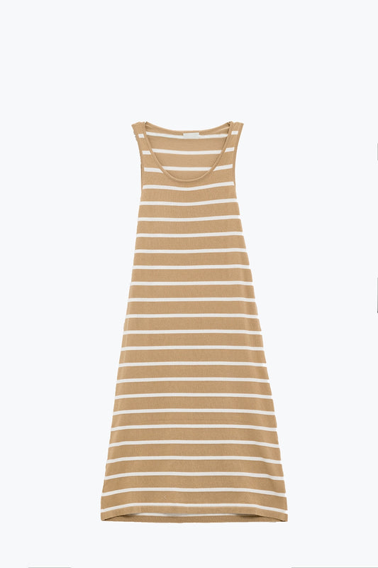 Tank maxi Dress With Scoop Neck In beige With White Stripes - Dresses