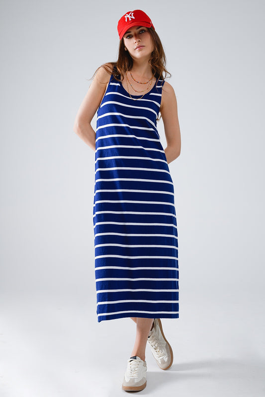 Tank maxi Dress With Scoop Neck In Navy With White Stripes - Dresses