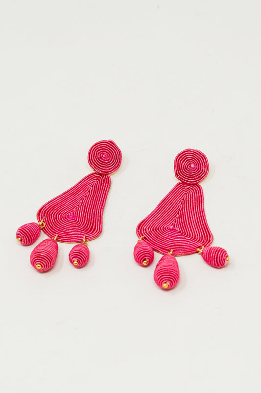 Tear drop Rafia Earrings With Oval Beads In Fuchsia - Accessories