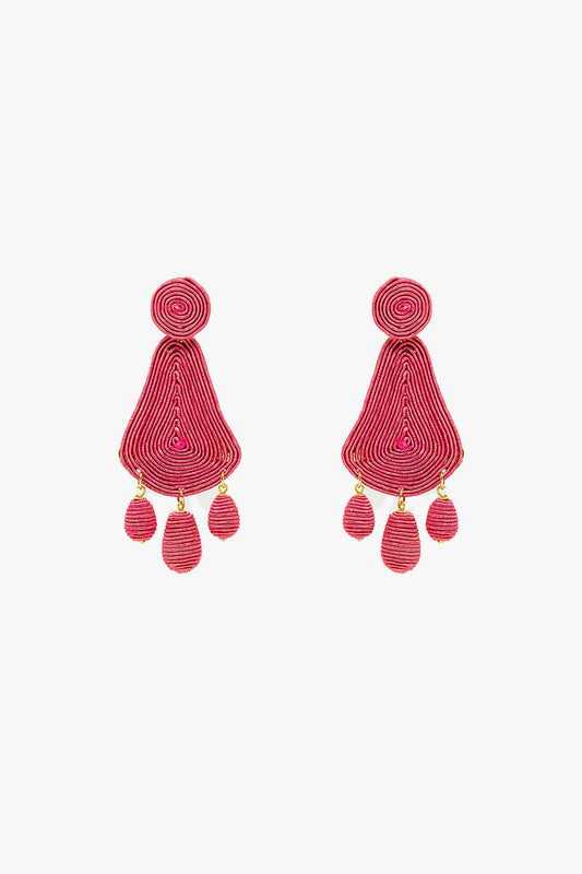 Tear drop Rafia Earrings With Oval Beads In Fuchsia - Accessories