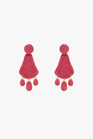 Tear drop Rafia Earrings With Oval Beads In Fuchsia