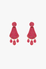 Boucles d'oreilles en forme de larme en raphia avec perles ovales en fuchsia