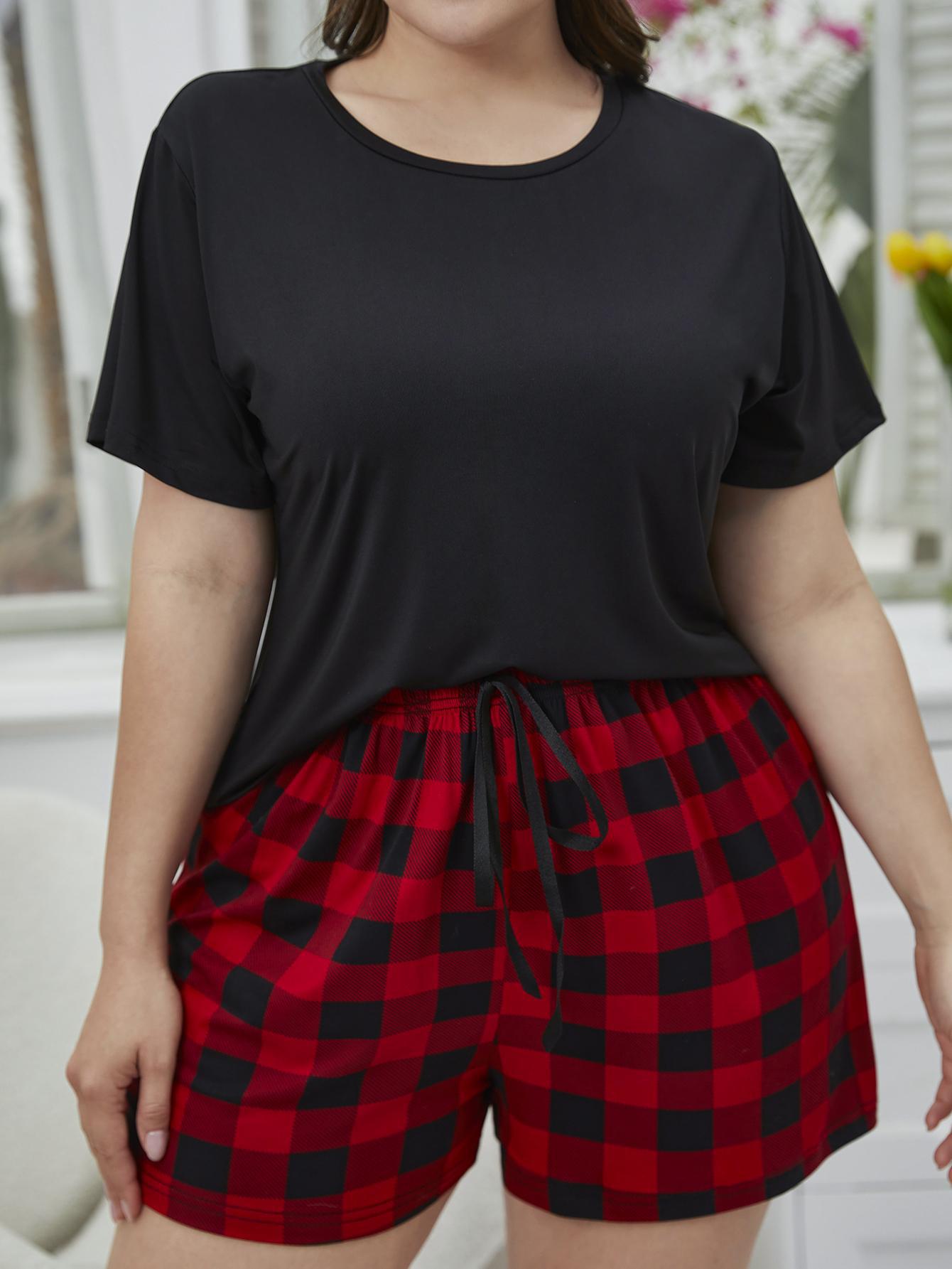Trendsi Plus Size Tee and Plaid Shorts Lounge Set - Lounge