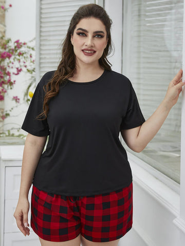 Trendsi Plus Size Tee and Plaid Shorts Lounge Set