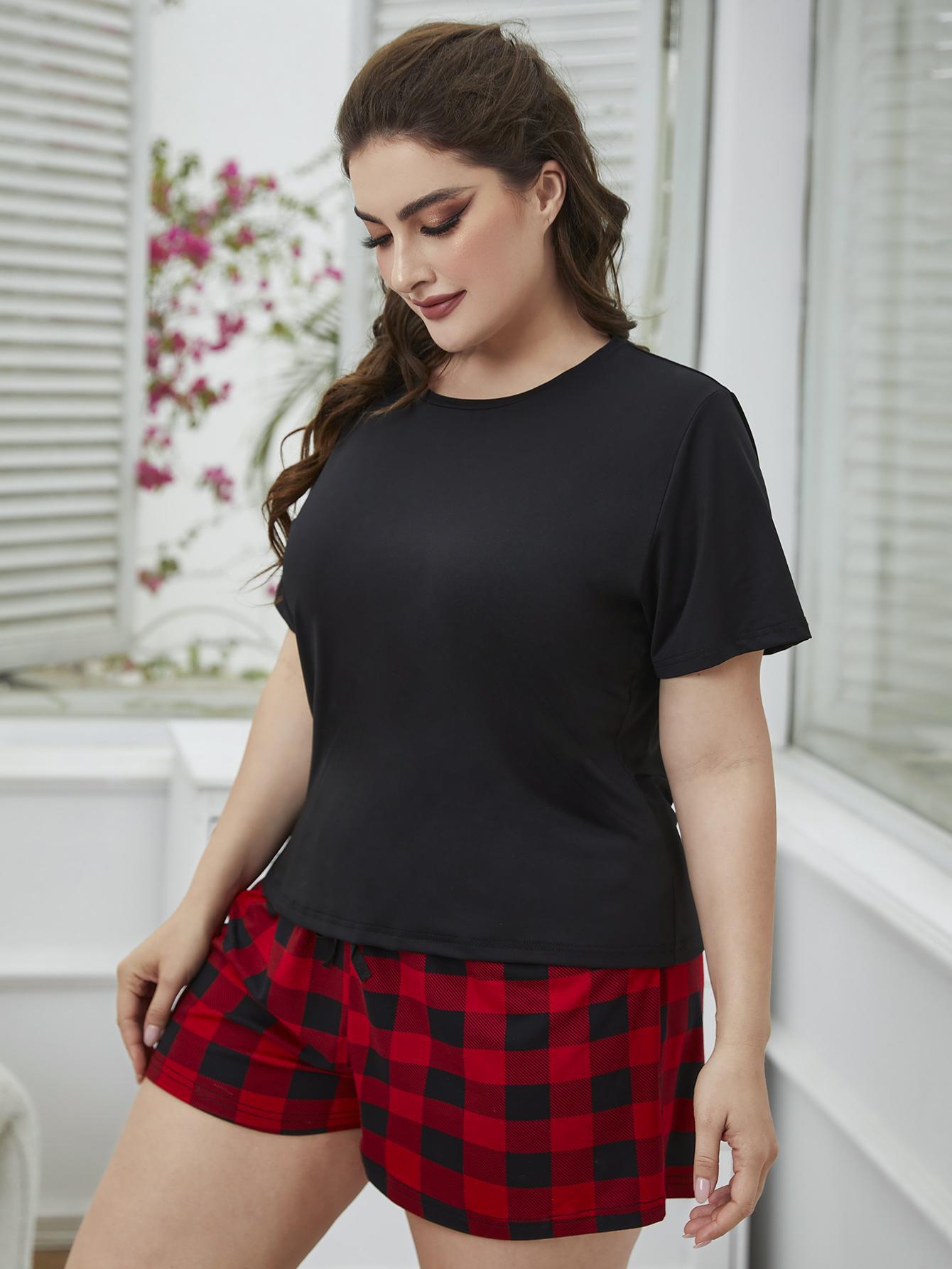 Trendsi Plus Size Tee and Plaid Shorts Lounge Set - Lounge
