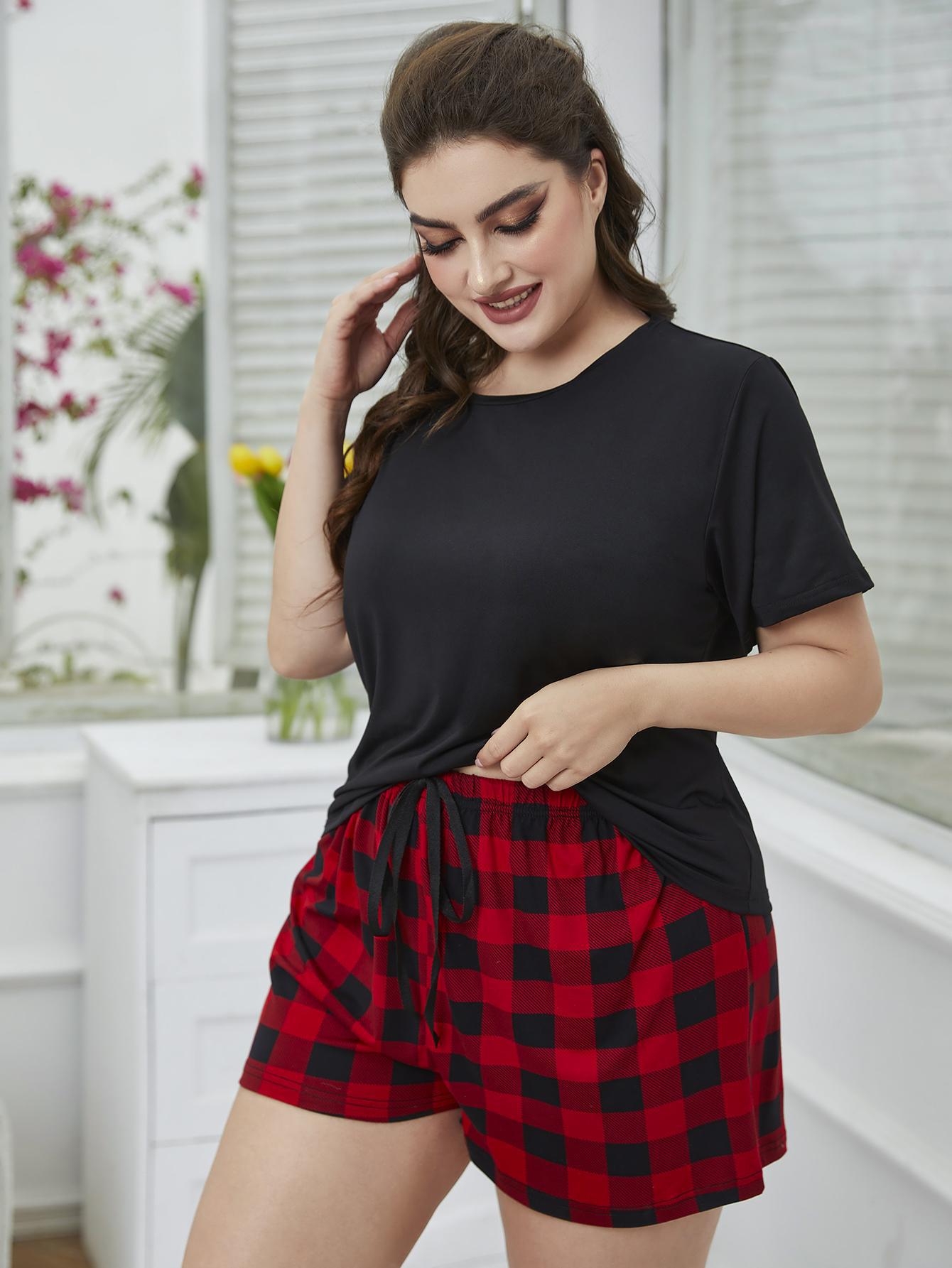 Trendsi Plus Size Tee and Plaid Shorts Lounge Set - Lounge
