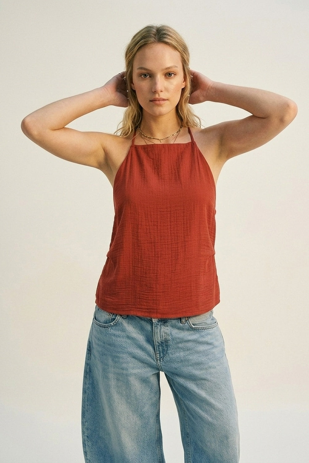 terracotta Textured Sleeveless Halter Neck Top - Tops