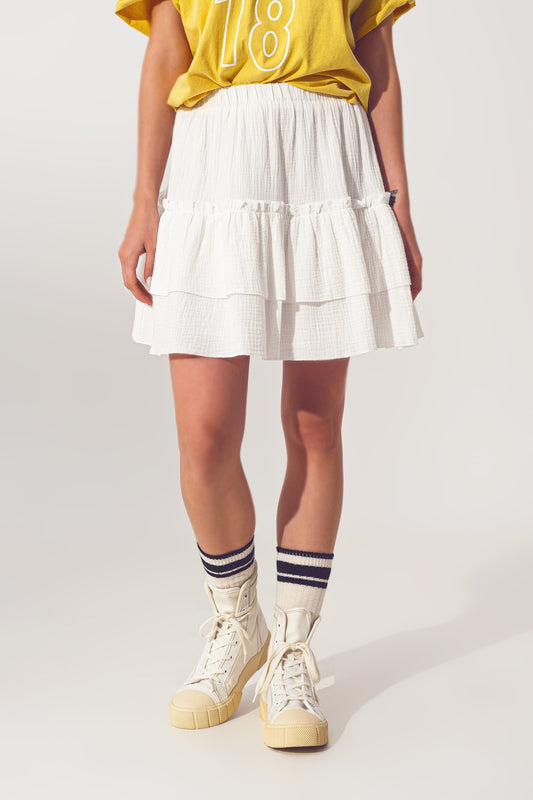 Textured Ruffle Mini Skirt in White - Skirts