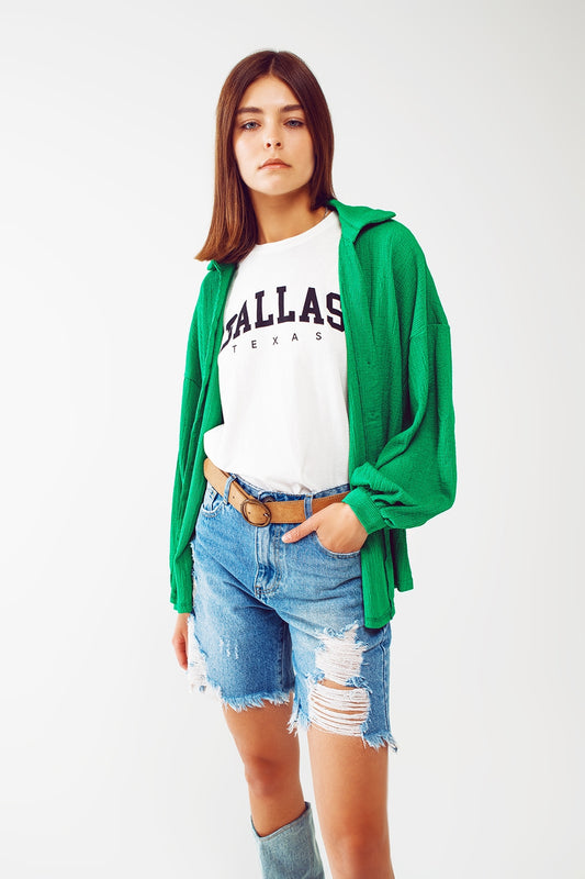 Textured Shirt With Balloon Sleeves in Green - Shirts