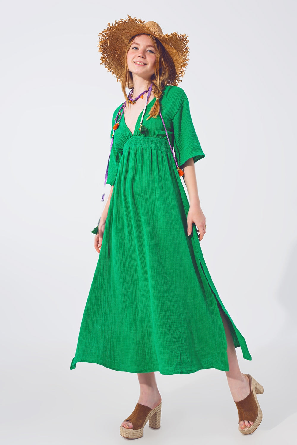Textured V-Neck Maxi Dress in Green - Dresses