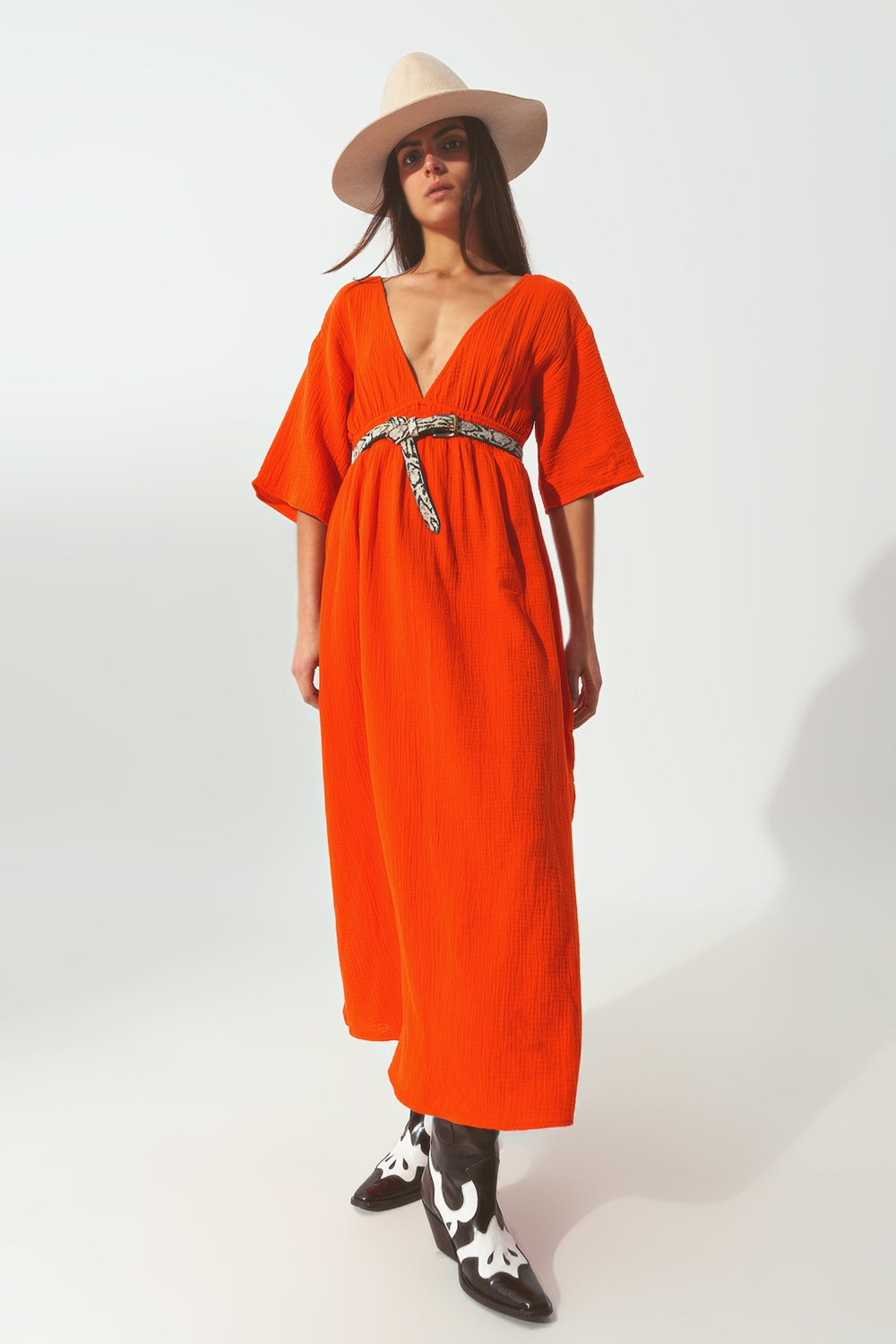 Textured V-Neck Maxi Dress in Orange - Dresses