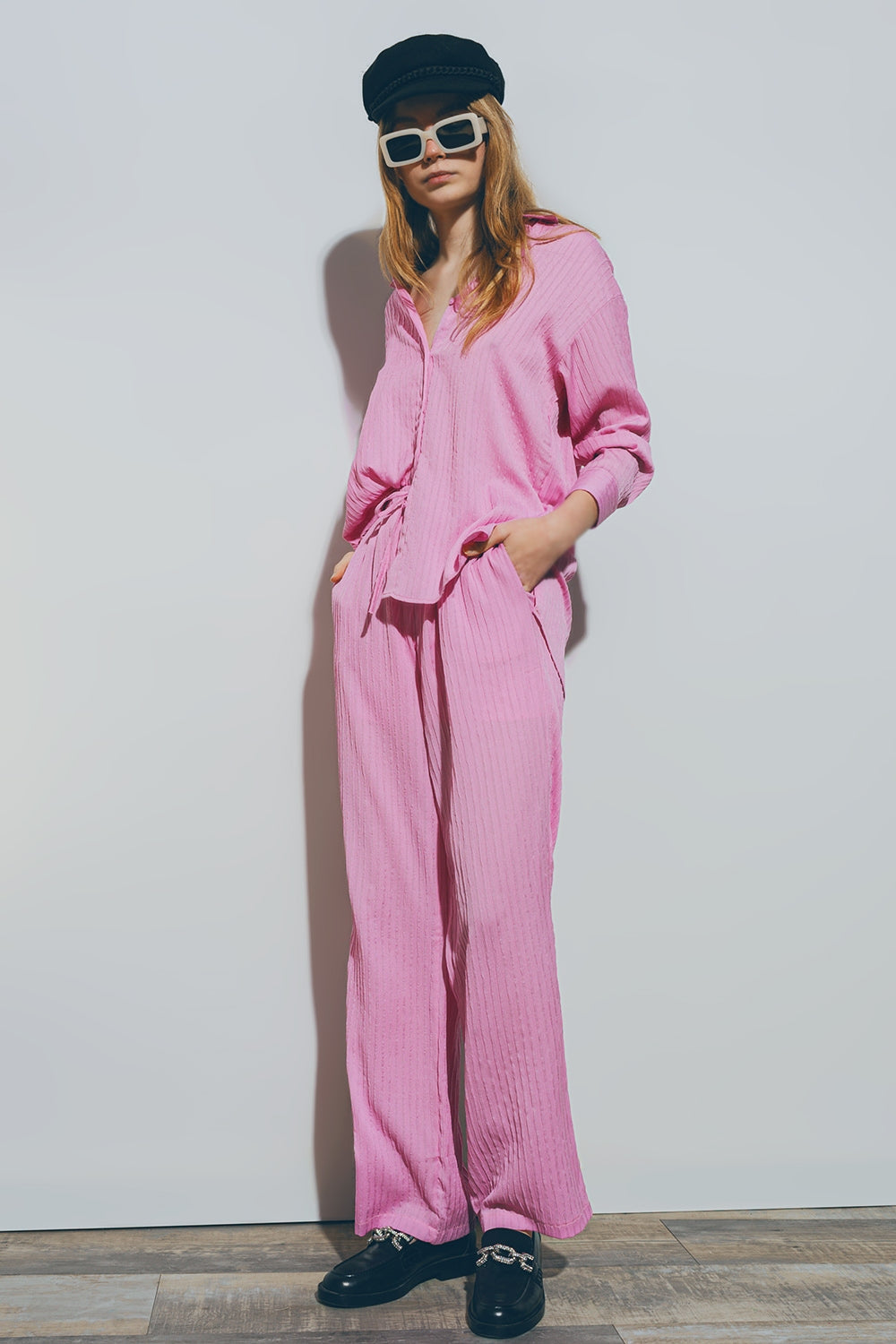 Textured Wide Leg Pants in Pink - Trousers