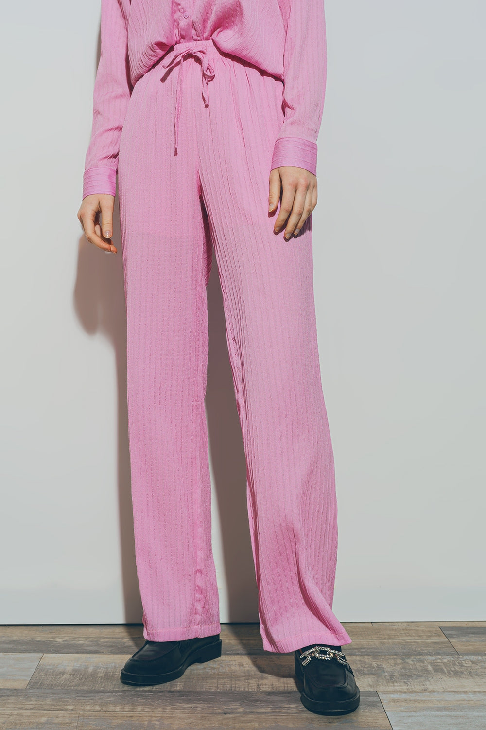 Textured Wide Leg Pants in Pink - Trousers