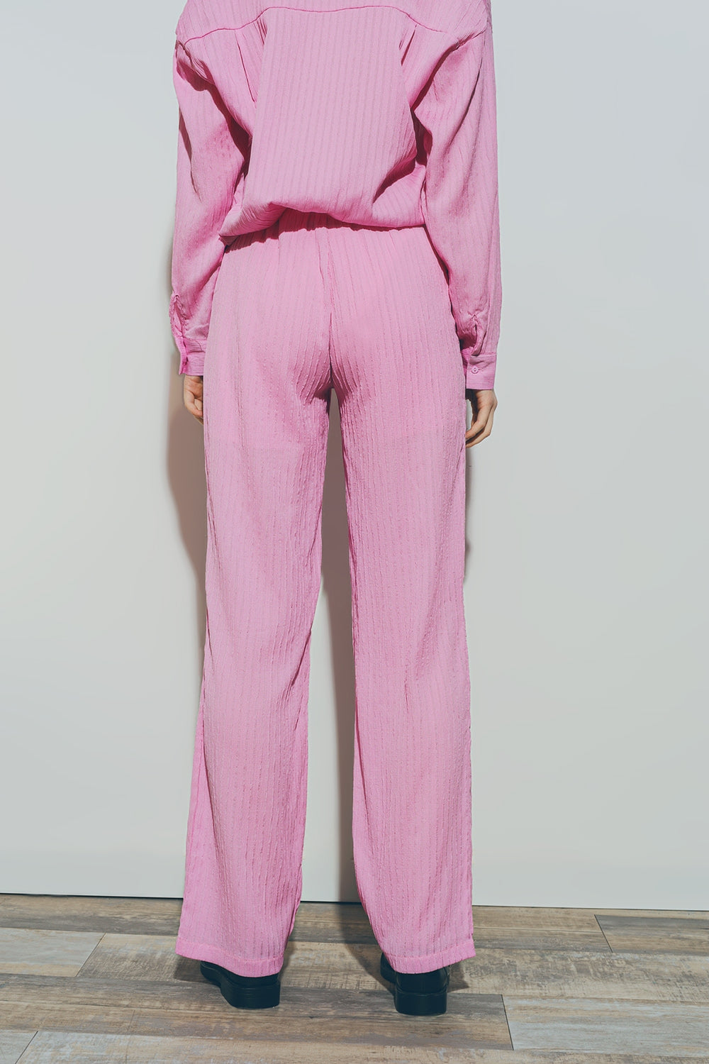 Textured Wide Leg Pants in Pink - Trousers