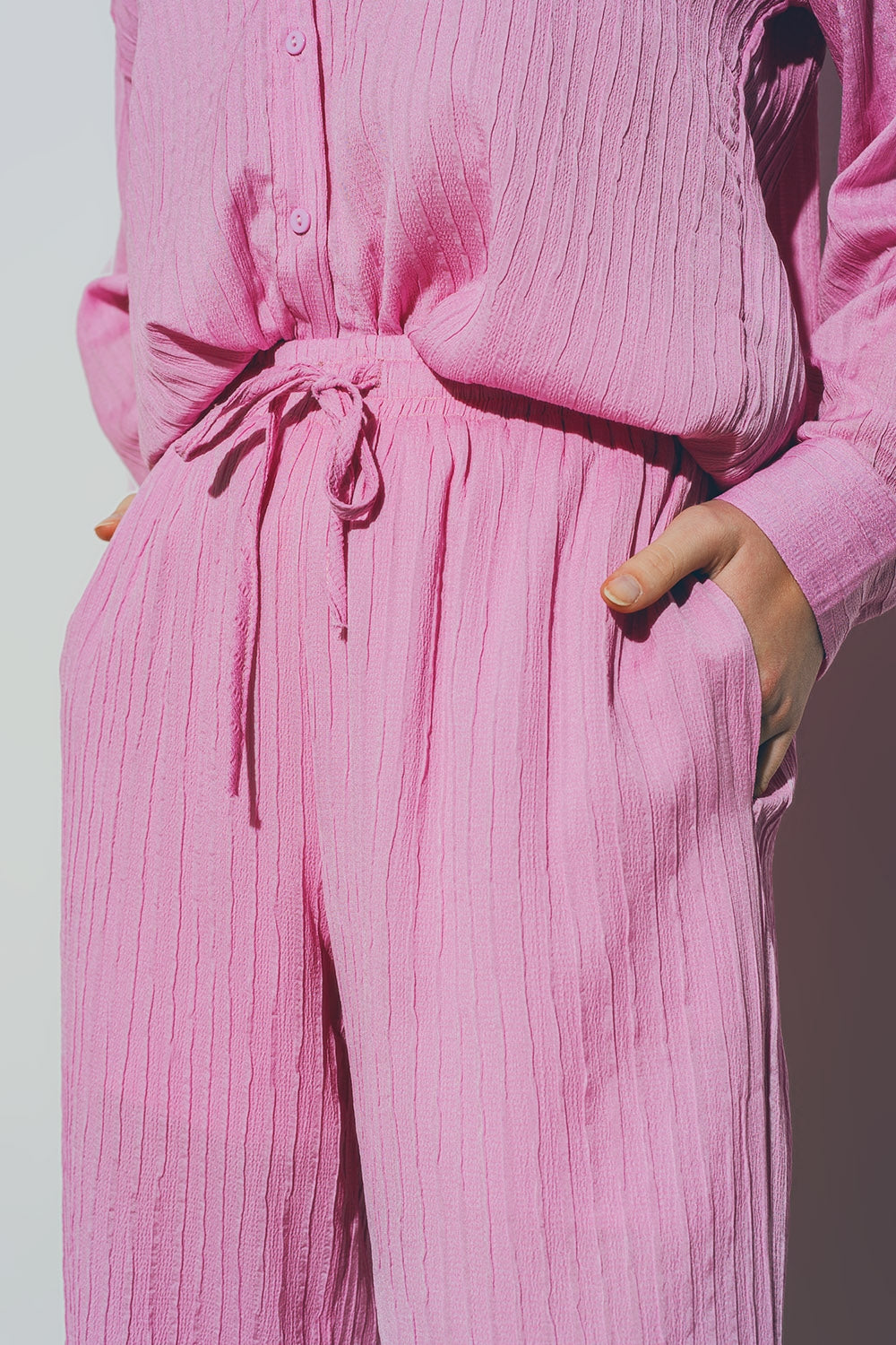 Textured Wide Leg Pants in Pink - Trousers