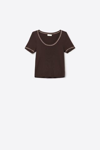 thin knitted sweater In brown With Silver Seam at Round Neck