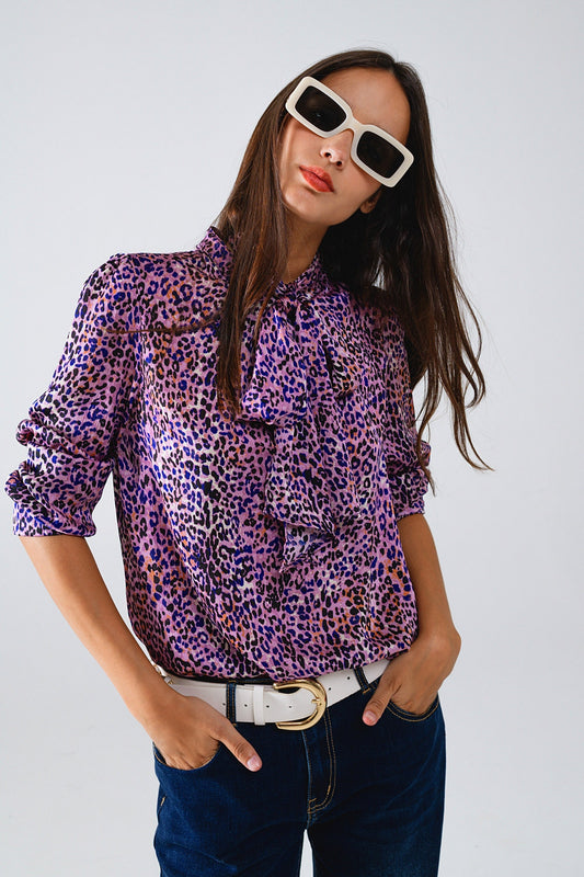 Tie At The Neck Animal Print Purple Blouse - Blouses