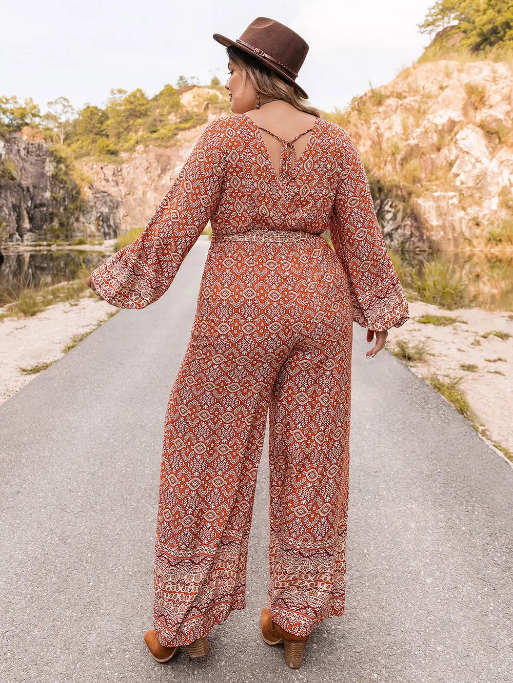 Plus Size Printed V-Neck Tie Front Balloon Sleeve Jumpsuit - One-piece