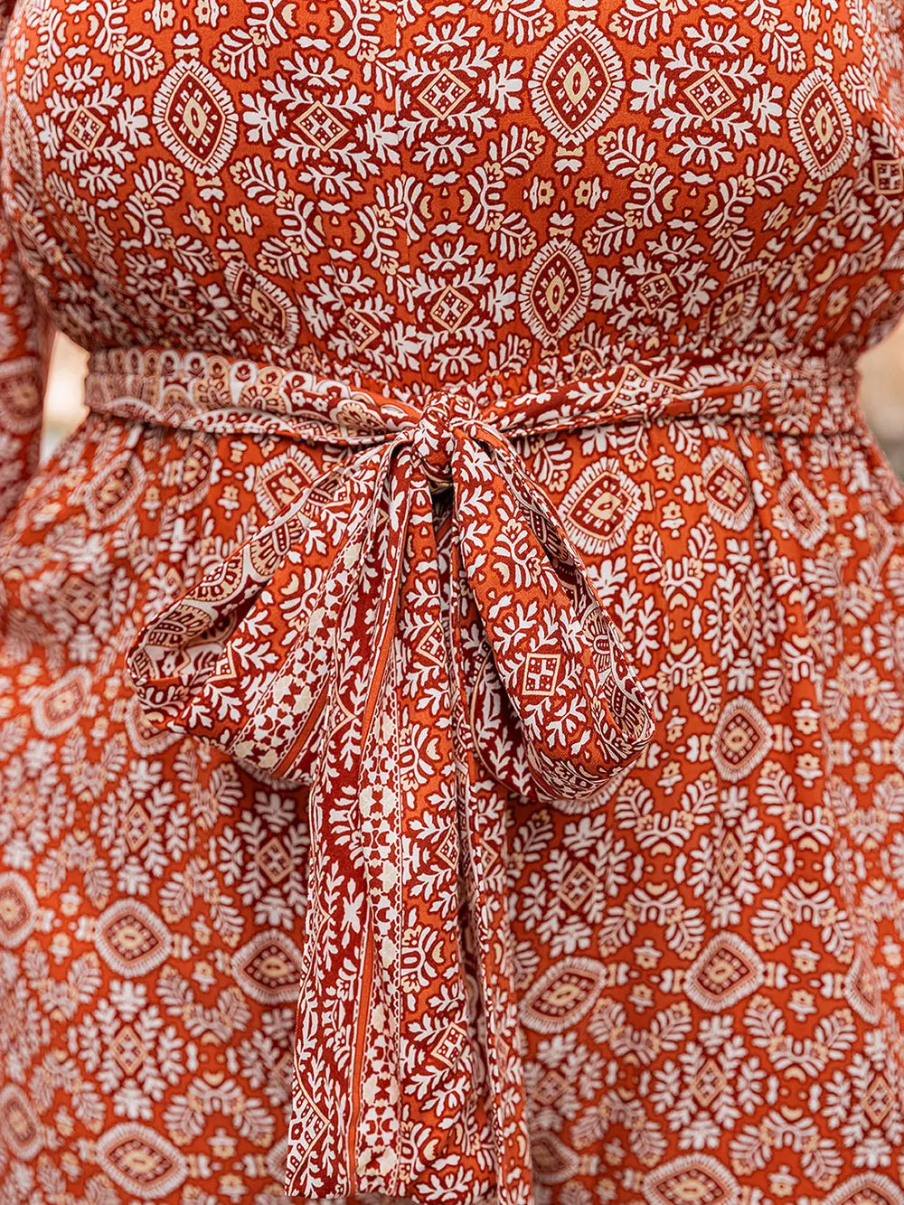 Plus Size Printed V-Neck Tie Front Balloon Sleeve Jumpsuit - One-piece