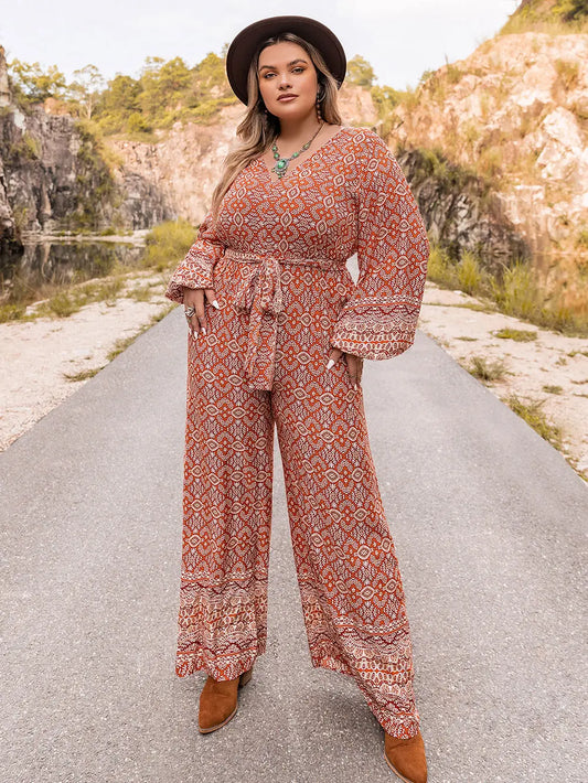 Plus Size Printed V-Neck Tie Front Balloon Sleeve Jumpsuit Floral - One-piece