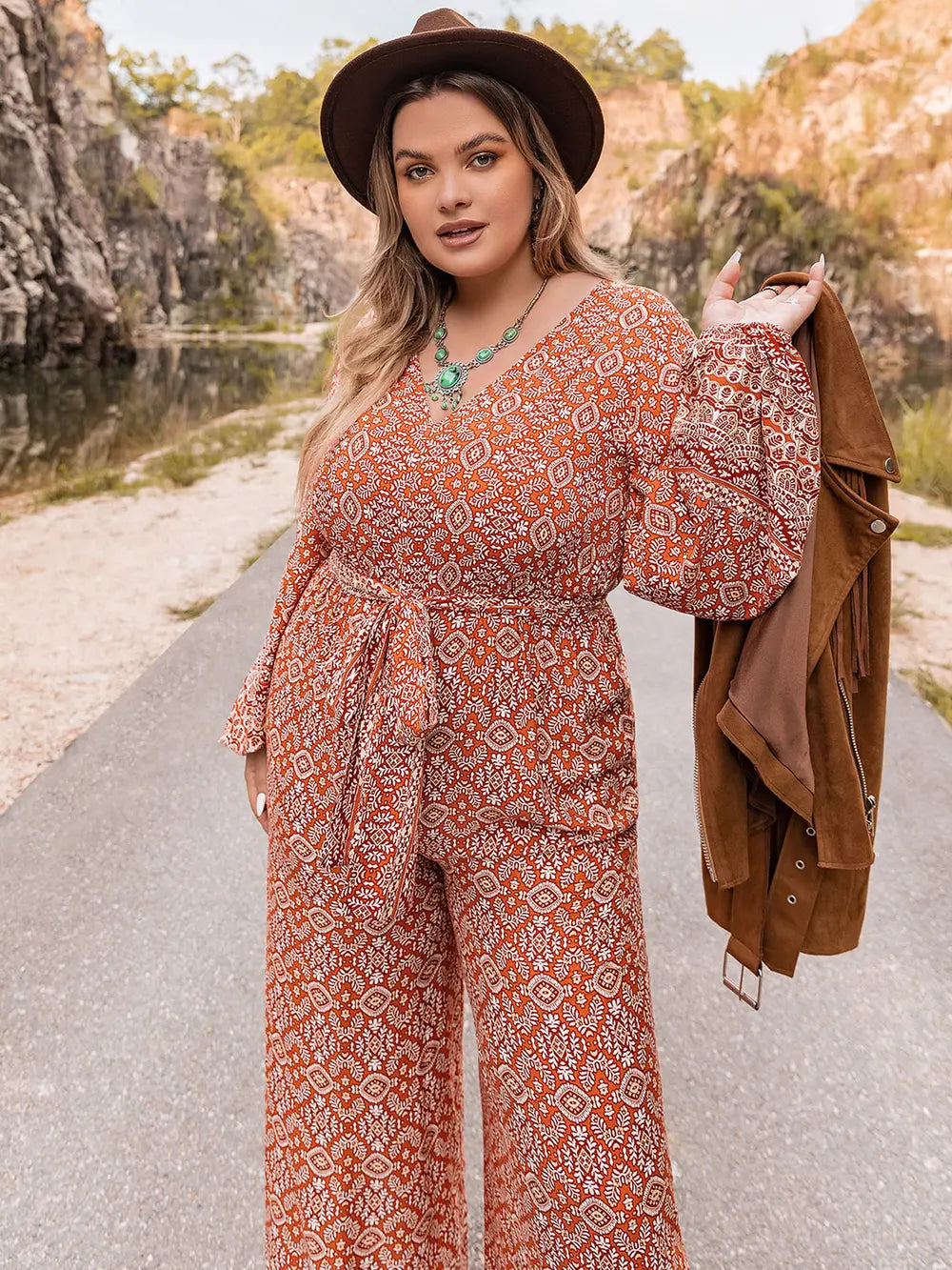 Plus Size Printed V-Neck Tie Front Balloon Sleeve Jumpsuit - One-piece