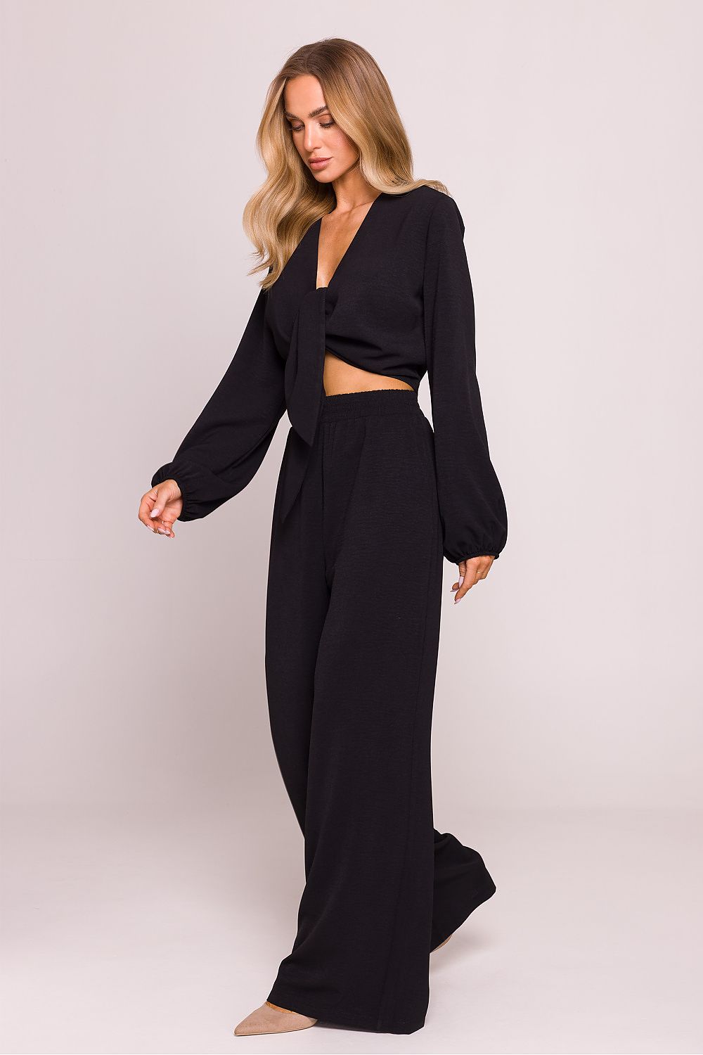 Tie Front Blouse with Long Puffed Sleeves - Blouses