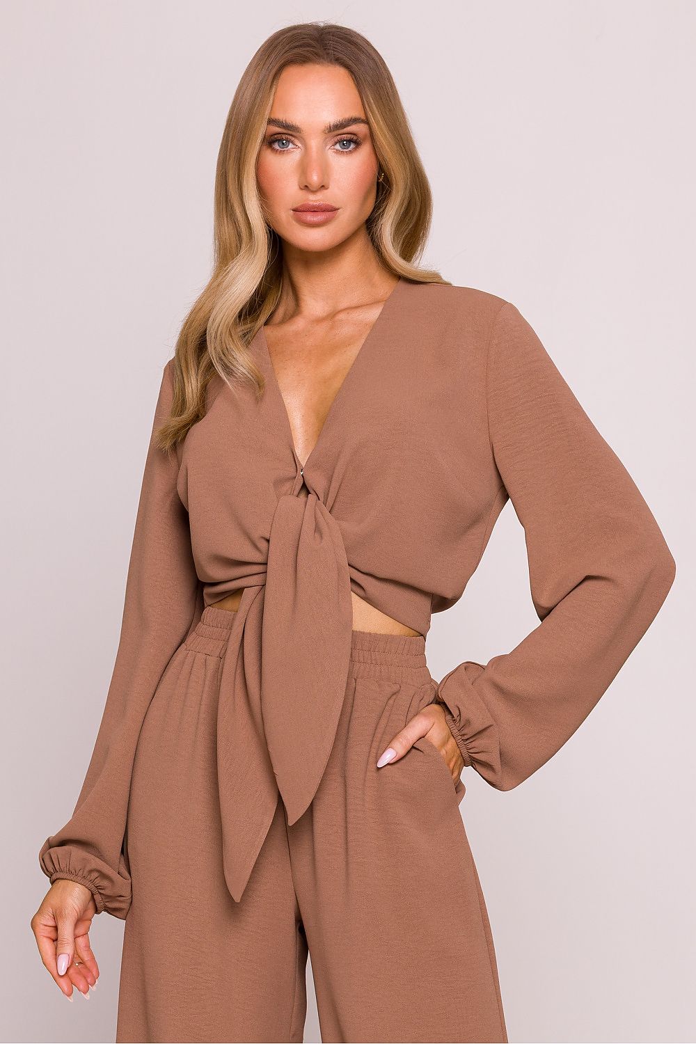 Tie Front Blouse with Long Puffed Sleeves brown - Blouses