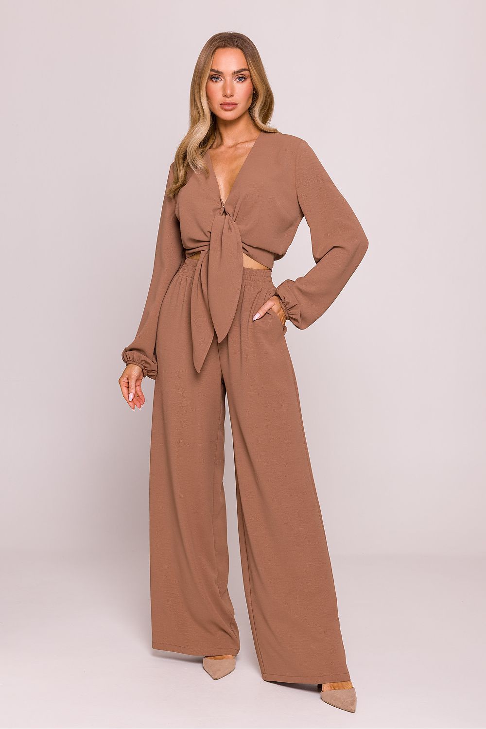 Tie Front Blouse with Long Puffed Sleeves - Blouses