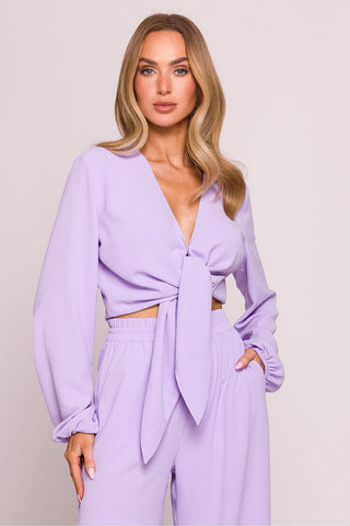 Tie Front Blouse with Long Puffed Sleeves