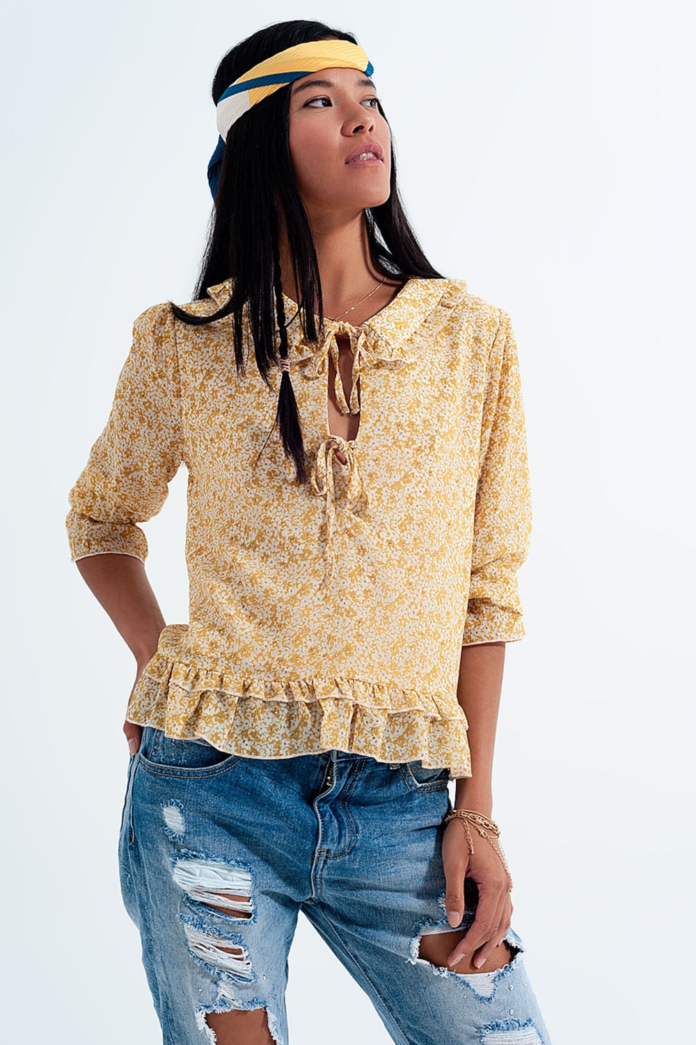 Tie front chiffon blouse in yellow floral print - Blouses