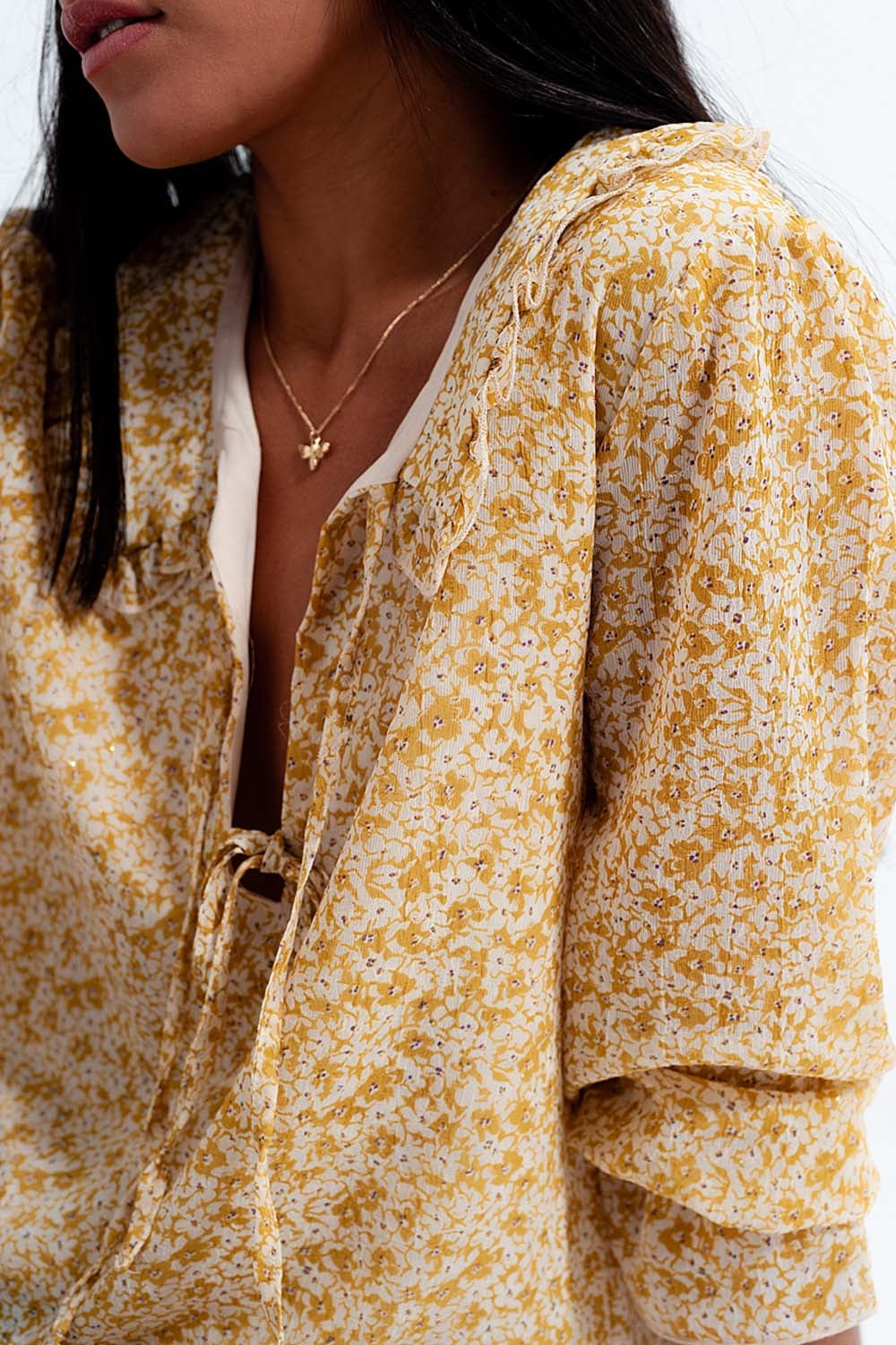 Tie front chiffon blouse in yellow floral print - Blouses