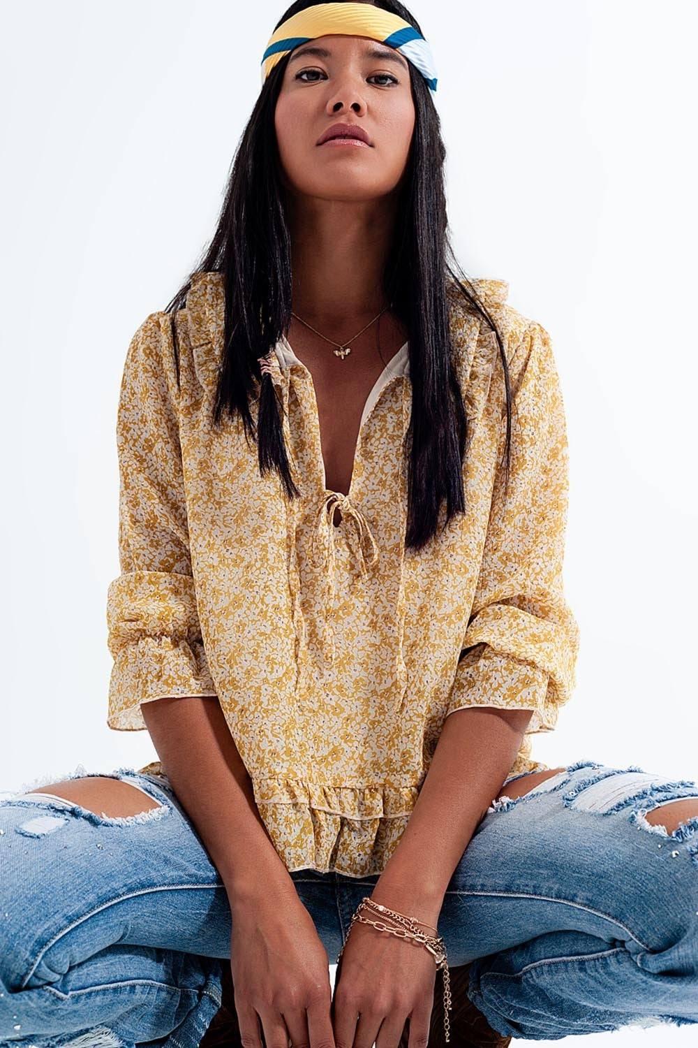 Tie front chiffon blouse in yellow floral print - Blouses