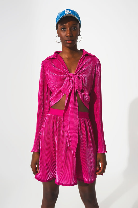 Tie front pleated crop top in fuchsia - Shirts