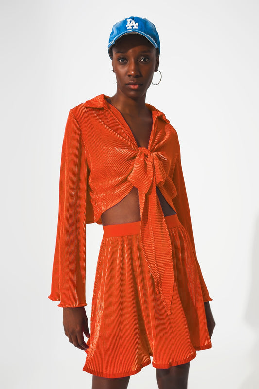 Tie front pleated crop top in orange - Tops