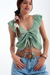 Tie front shirred detail volume sleeve crop top in green