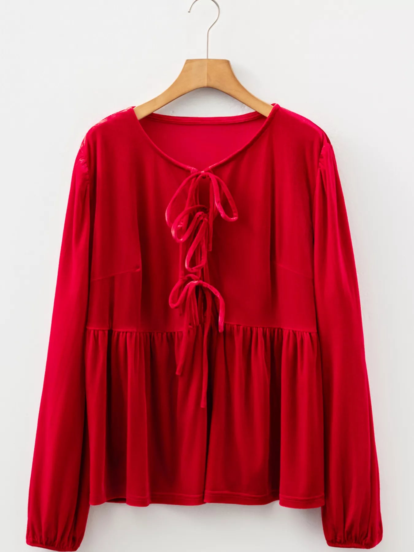 Plus Size Tie Front Velvet Peplum Blouse - Blouses