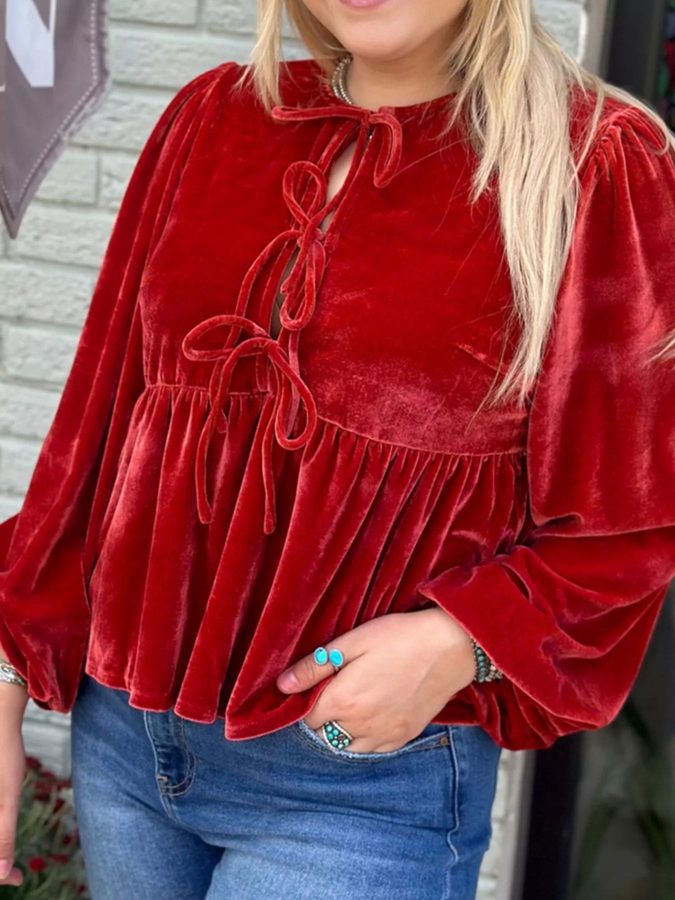 Plus Size Tie Front Velvet Peplum Blouse - Blouses