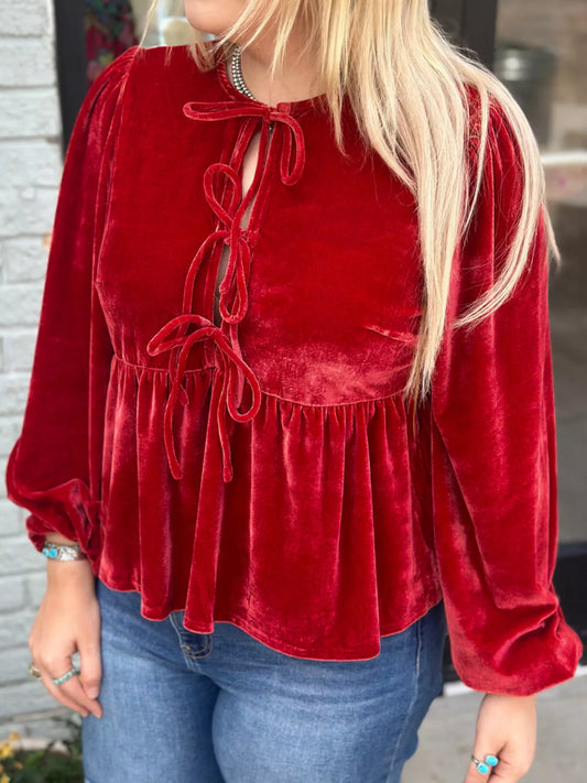 Plus Size Tie Front Velvet Peplum Blouse Deep Red - Blouses