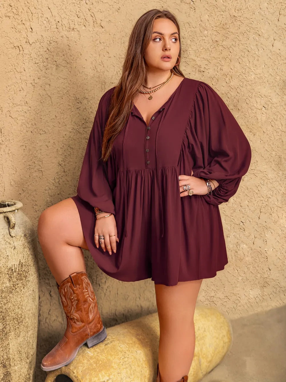 Plus Size Tie Neck Balloon Sleeve Romper - One-piece