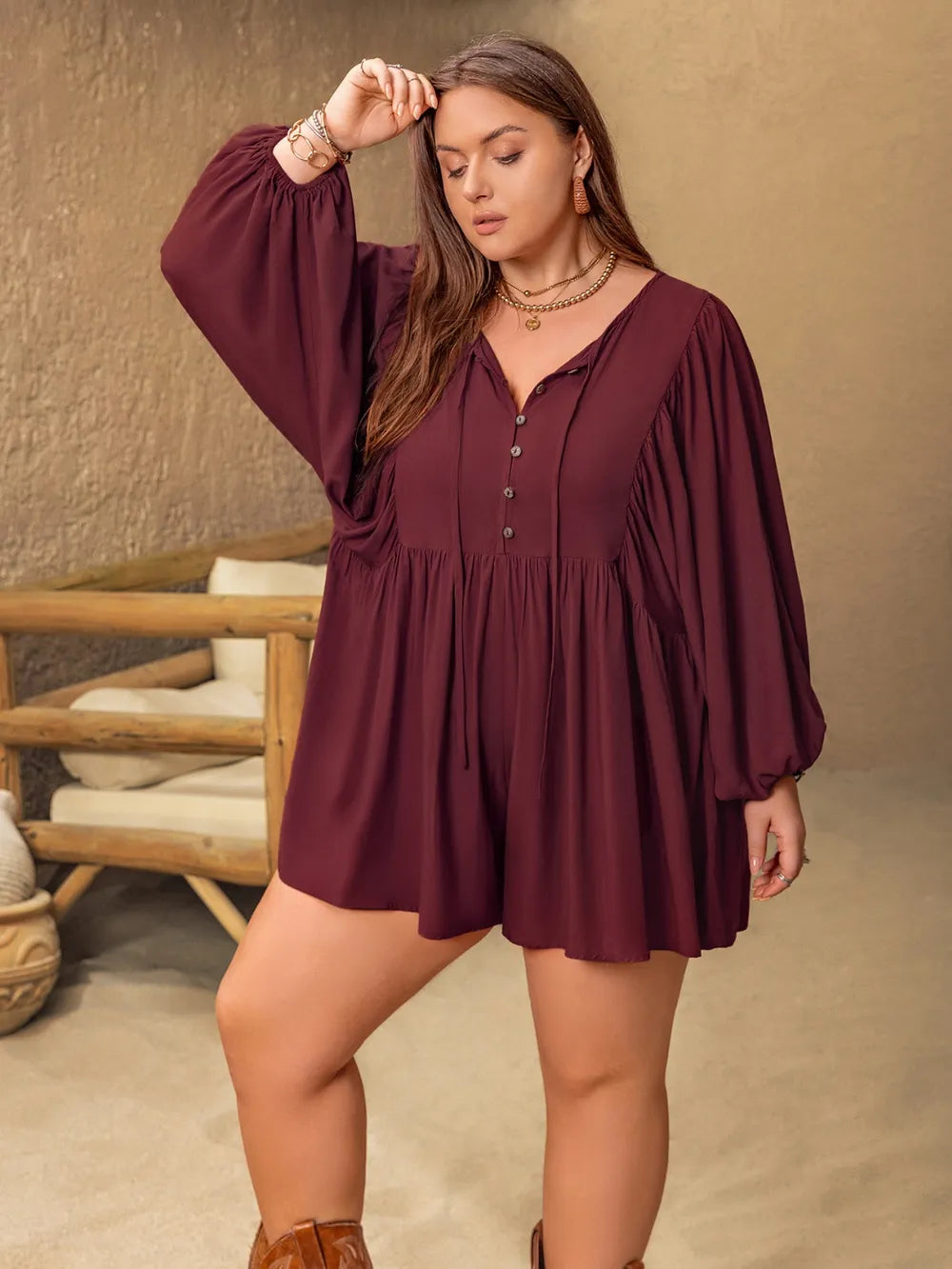 Plus Size Tie Neck Balloon Sleeve Romper - One-piece